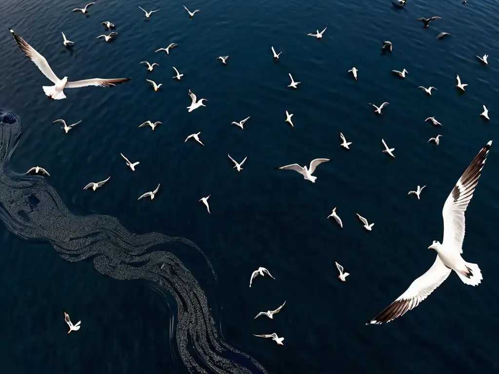 Desastre ambiental con derrame de petróleo y aves luchando por volar