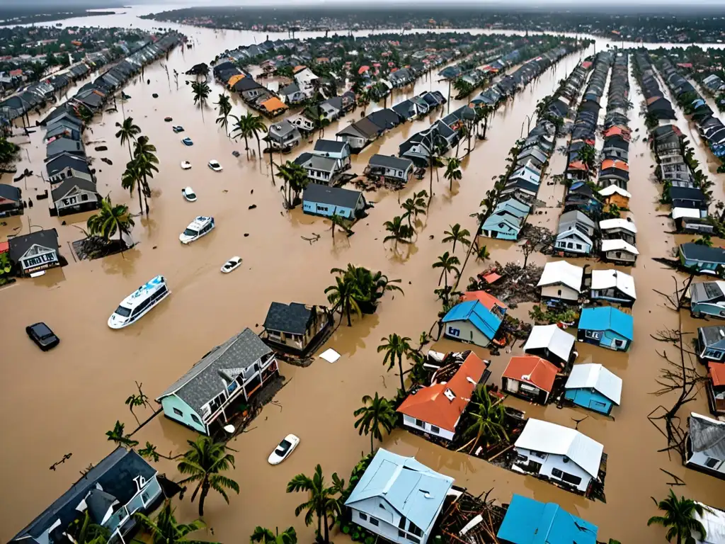 Desastre natural en ciudad costera: calles inundadas, edificios dañados y equipos de emergencia