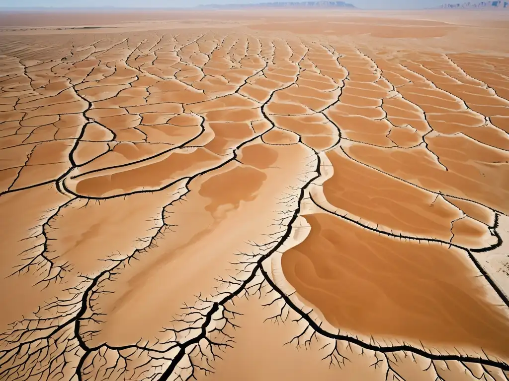 Desierto árido con grietas en la tierra, vegetación escasa y dunas de arena