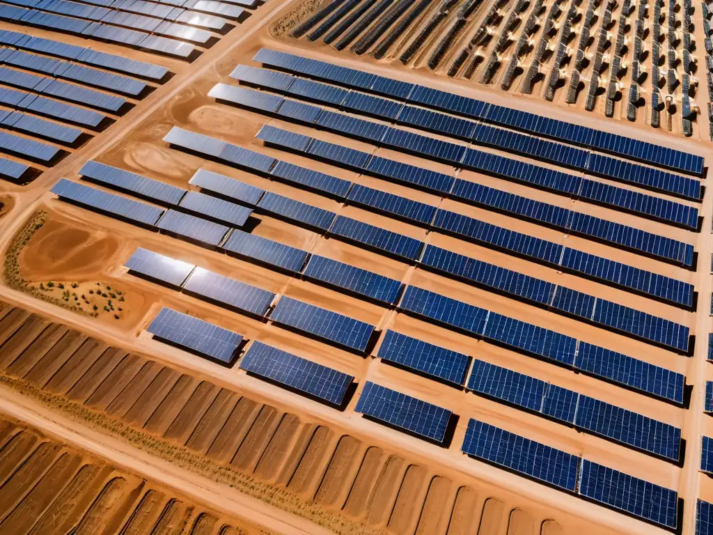 Un desierto dorado y cielo azul vibrante contrastan con un vasto campo de paneles solares relucientes