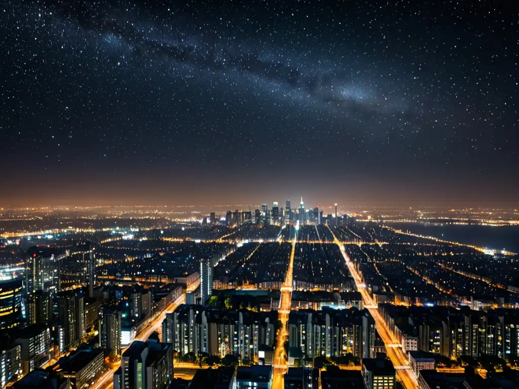 Deslumbrante ciudad nocturna, con exceso de luces artificiales que ocultan las estrellas