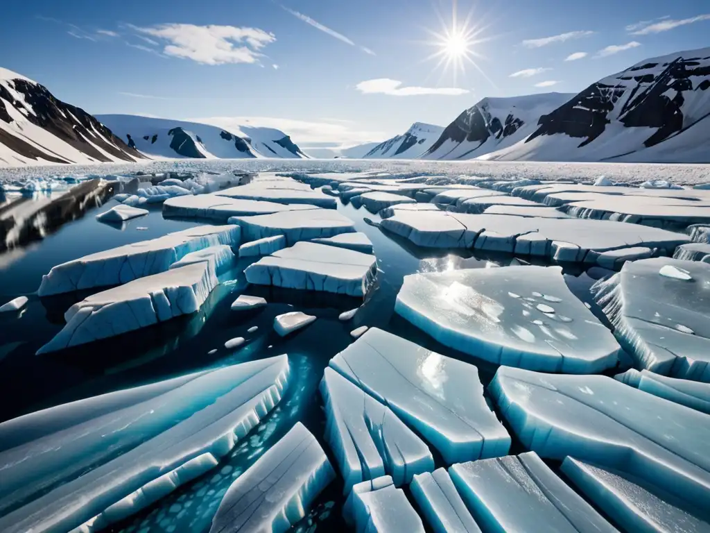 Deslumbrante glaciar ártico derritiéndose, muestra impacto del Protocolo de Kioto y cambio climático en ambiente remoto y cambiante