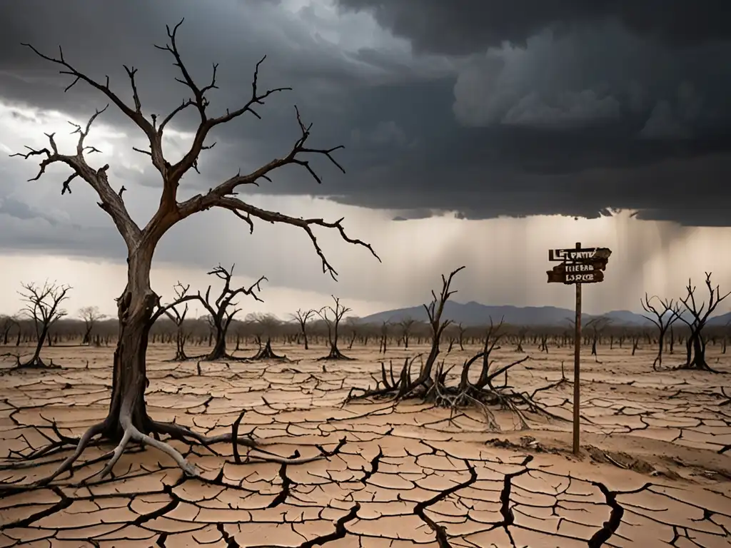 Desolado paisaje árido con árboles sin hojas bajo un cielo tormentoso, destacando la señal 'Ley de Tierras Baldías