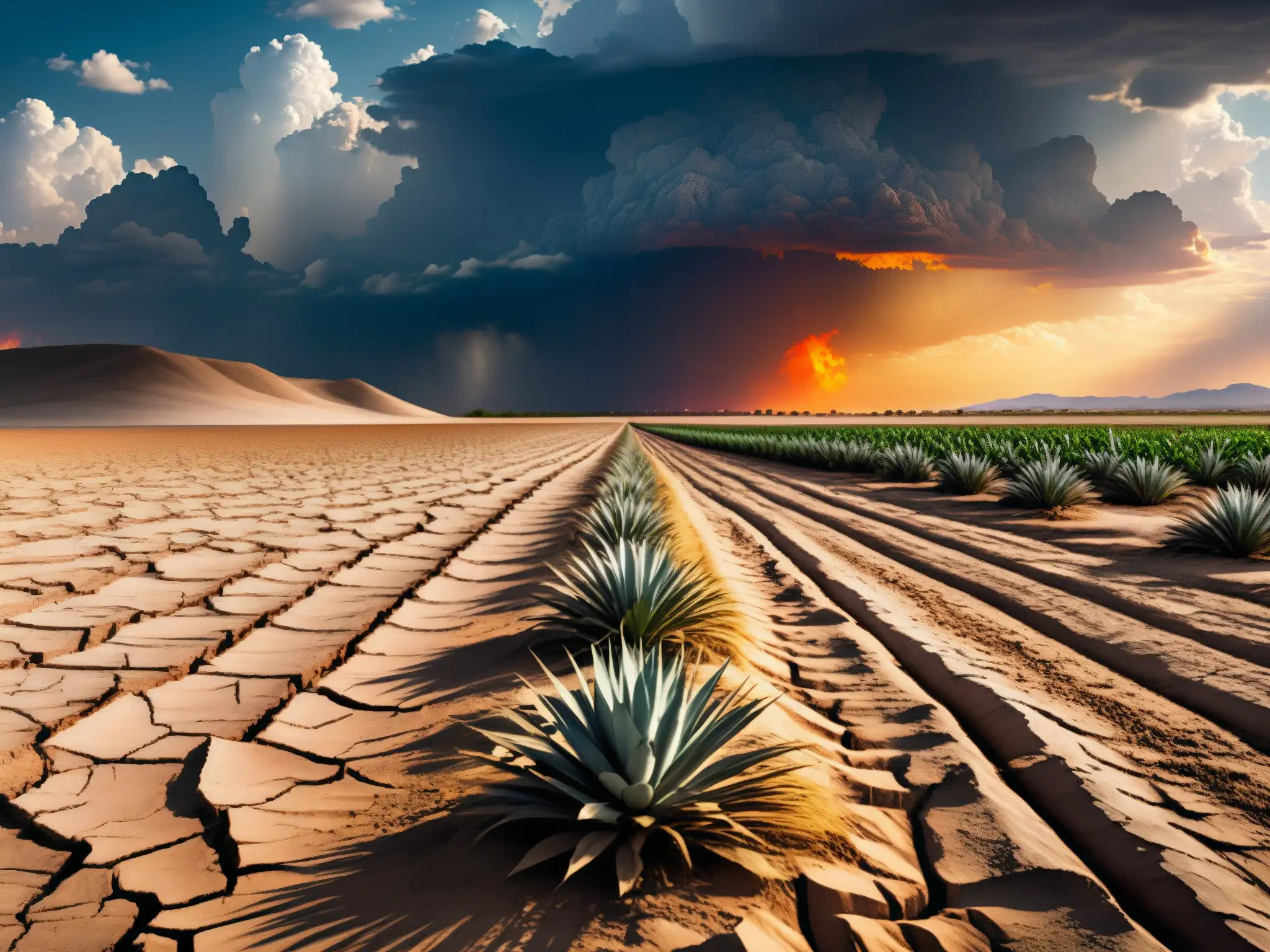 Desolado paisaje agrícola bajo el impacto del cambio climático, con tierra agrietada y cultivos marchitos