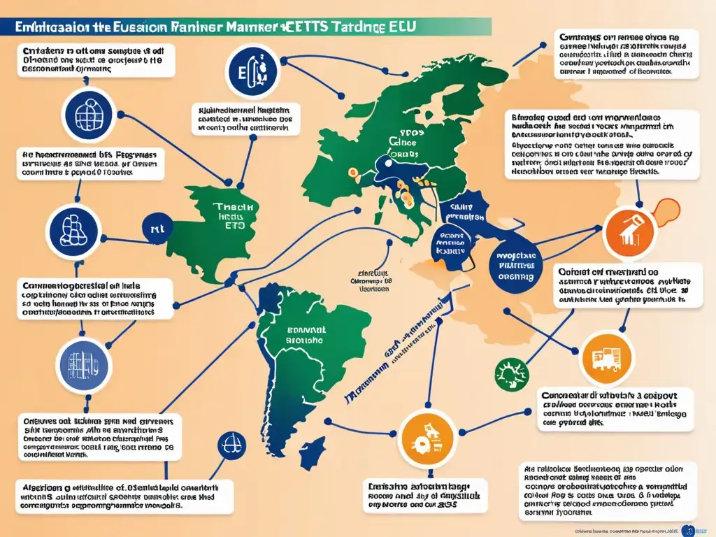 Infografía detallada del funcionamiento del ETS UE comercio emisiones, con visualizaciones intrincadas de pasos y reducción de emisiones