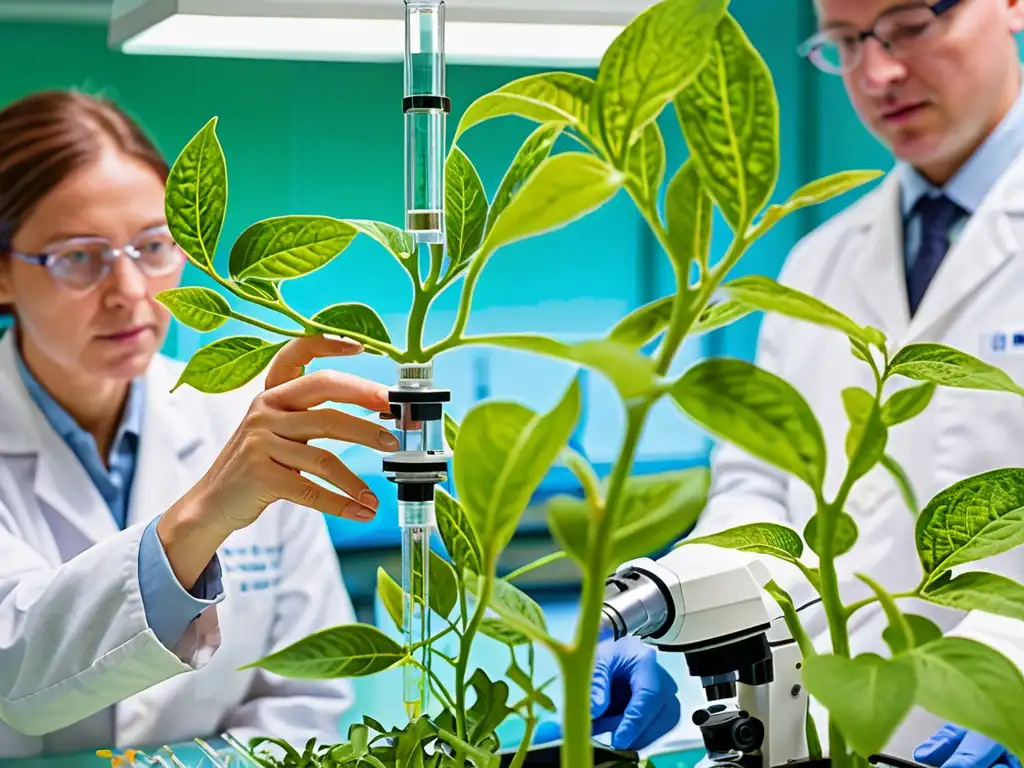 Detallada imagen de una planta modificada genéticamente en laboratorio, con científicos examinándola bajo microscopios