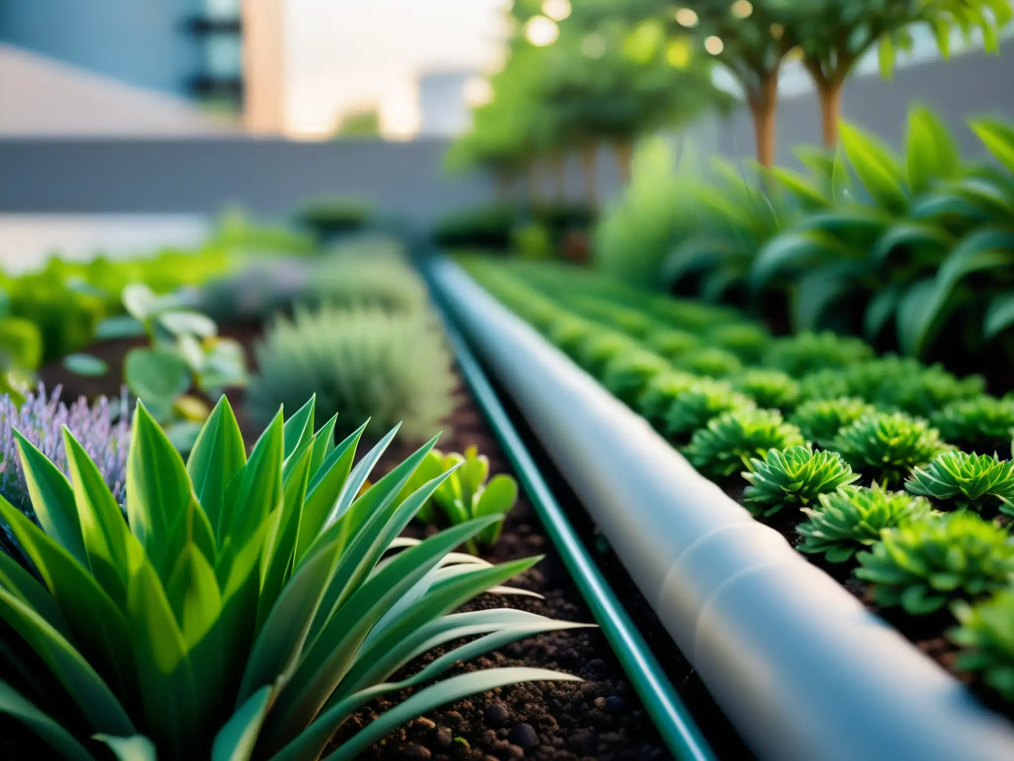 Detallada imagen de un jardín urbano moderno con sistema de riego por goteo y plantas resistentes a la sequía