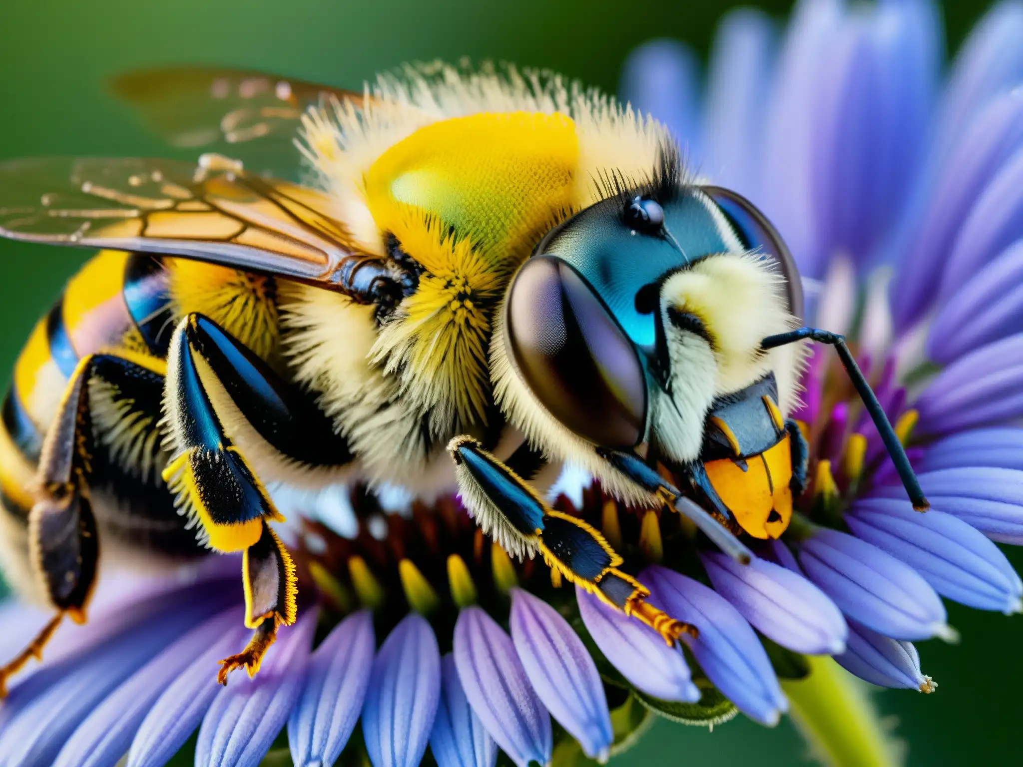 Detalle de abeja nativa cubierta de polen en flor silvestre, resaltando su crucial rol en la conservación terrestre