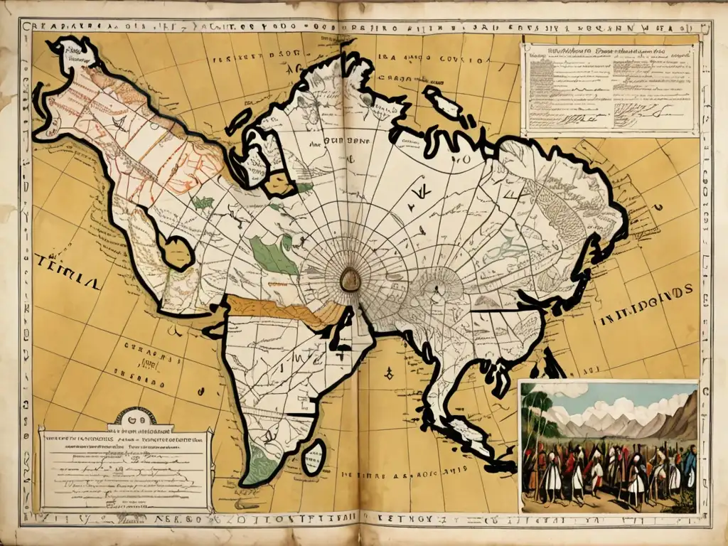 Detalle de antiguo mapa histórico con territorios indígenas y negociaciones conflictos territoriales pueblos indígenas