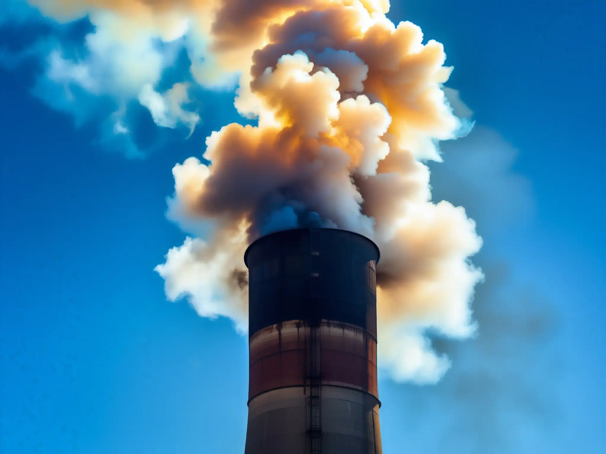 Detalle de una chimenea emitiendo densas columnas de humo negro, contrastando con el cielo azul