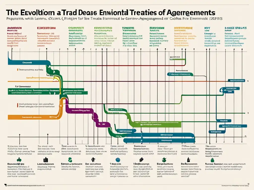 Detalle colorido de un cronograma histórico de tratados de libre comercio y legislación ambiental