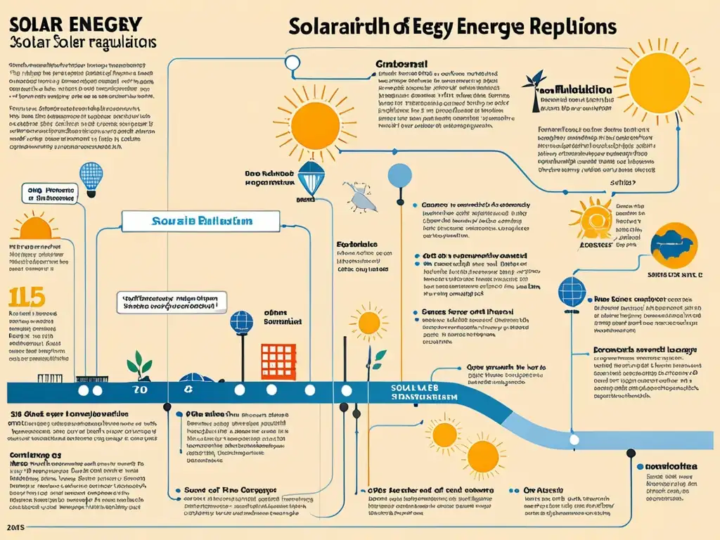 Detalle excepcional de gráfico de línea temporal sobre normativas energía solar desarrollo sostenible, con infografías impactantes