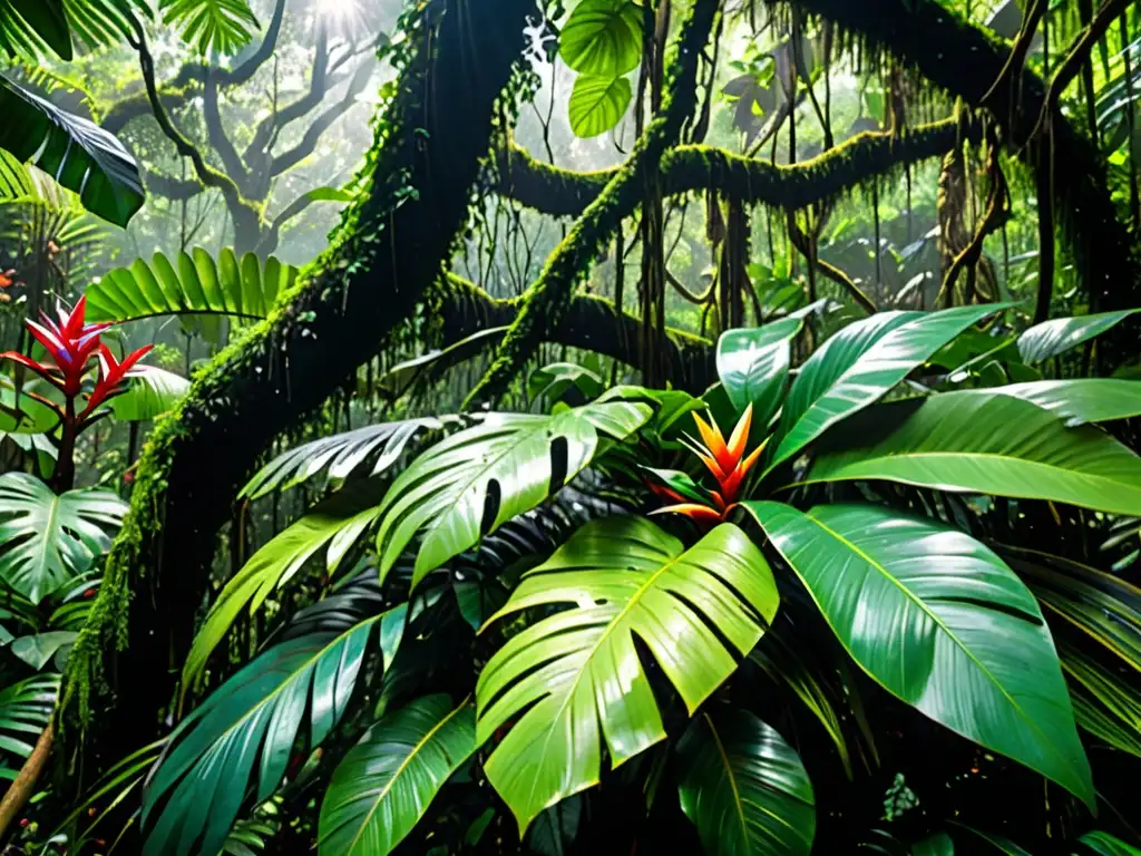 Detalle de un exuberante dosel de selva tropical con vegetación vibrante y fauna diversa