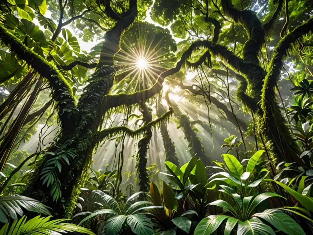 Detalle de un exuberante dosel de selva lluviosa, con una diversidad de especies vegetales entrelazadas