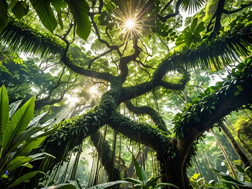 Biodiversidad exuberante en la selva tailandesa Detalle de exuberante selva tropical en Tailandia con diversidad de plantas y luz solar