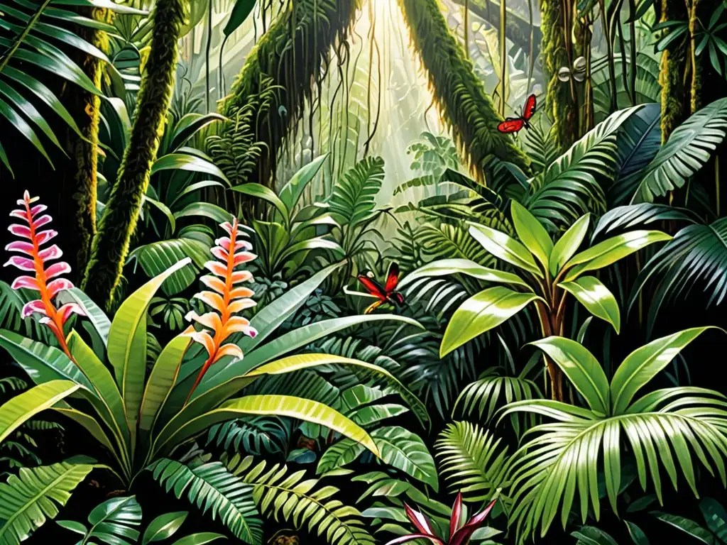 Detalle exuberante del suelo de la selva tropical con flora exótica