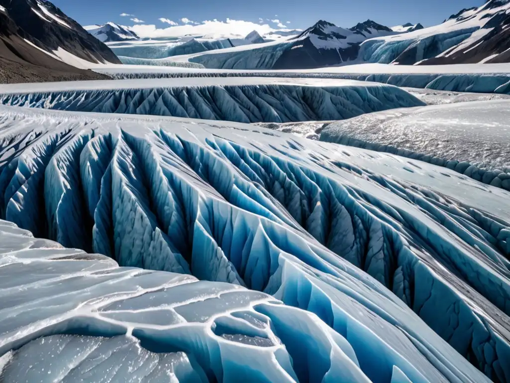 Detalle de un glaciar derritiéndose, con redes de grietas y tonos azules, y luz solar filtrándose, mostrando la complejidad de la naturaleza