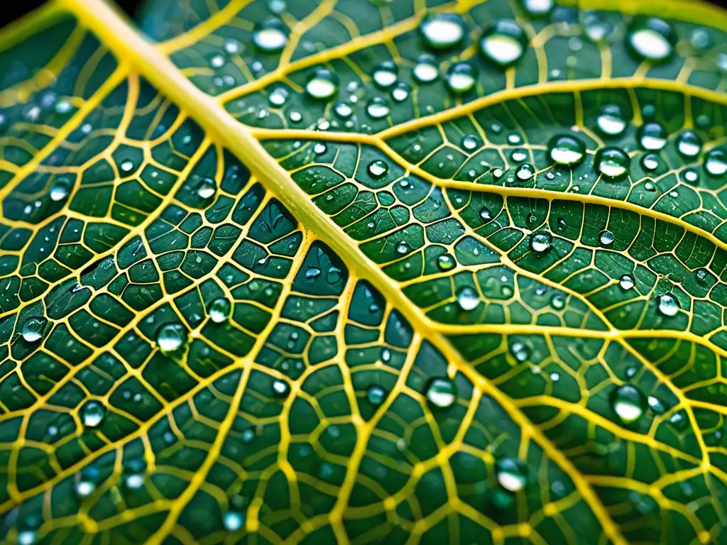 Detalle de una hoja con gotas de agua, mostrando patrones naturales y el impacto legal de la biotecnología en el cambio climático