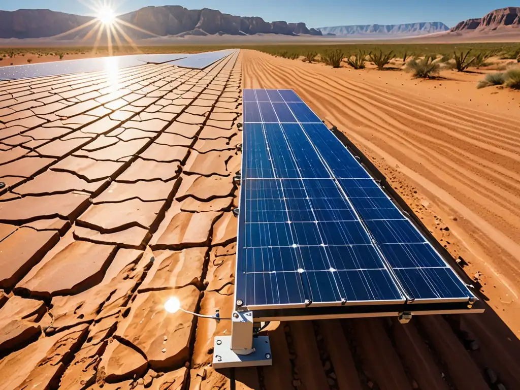 Detalle de un panel solar avanzado en el desierto, reflejando la innovación tecnológica y la energía solar