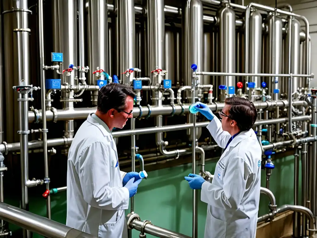 Detalle de planta de tratamiento de agua en acción, destacando la red de tuberías y válvulas