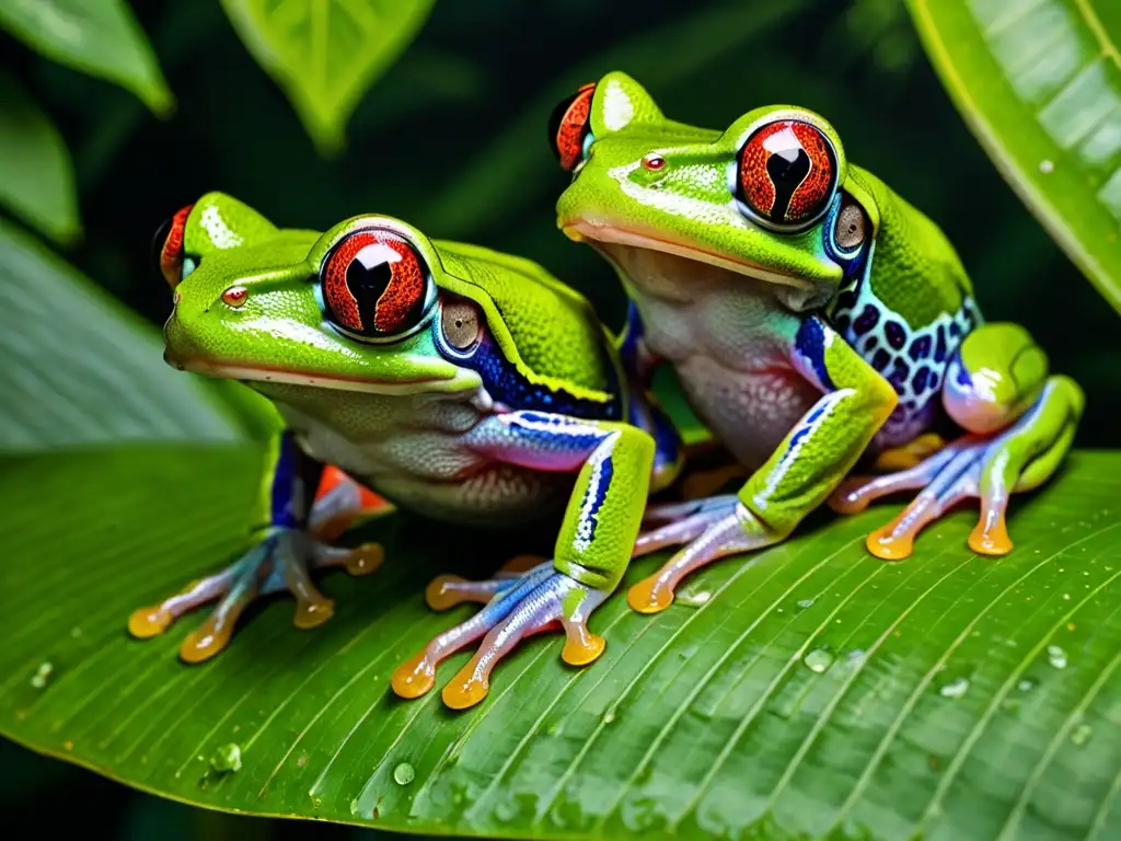 Detalle de ranas de ojos rojos en hoja de selva, destacando su camuflaje, piel y color