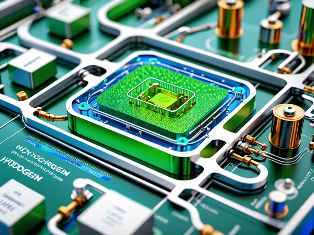 Detalle de sistema de celdas de hidrógeno en operación, mostrando precisión y movimiento dinámico
