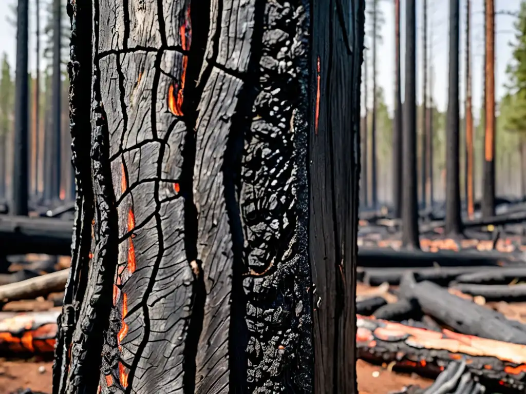 Resiliencia natural: Detalles de un tronco carbonizado en el bosque Detalle de un tronco carbonizado en un bosque, con contrastes entre la desolación y la vegetación exuberante