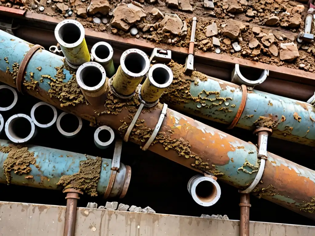 Detalles impactantes de tuberías de plomo corroídas en un edificio residencial, revelando la crisis de plomo en el agua