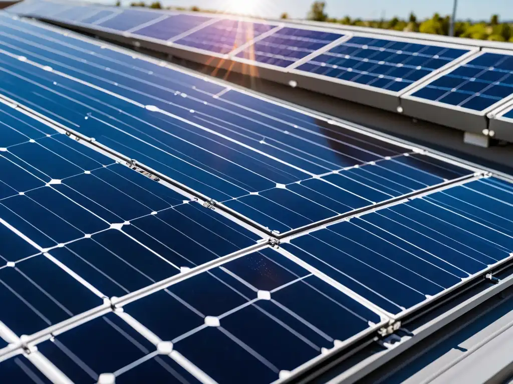 Detalles precisos de paneles solares en el techo, capturando la luz solar, destacando el cumplimiento ambiental en el sector energético