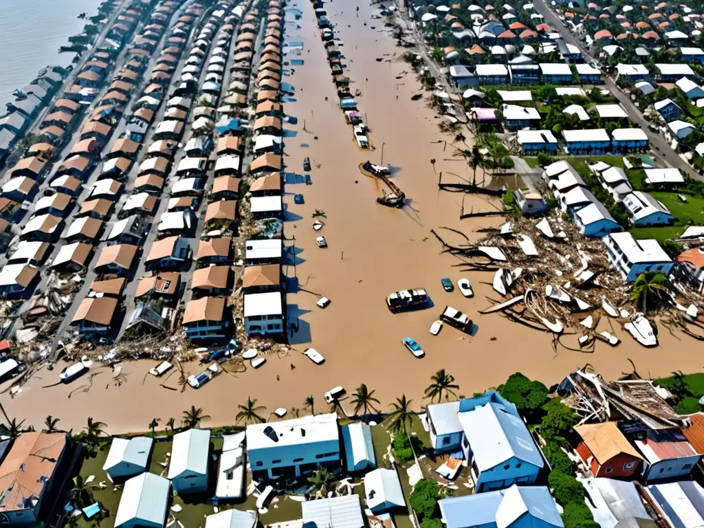 Devastación de ciudad costera por desastre natural