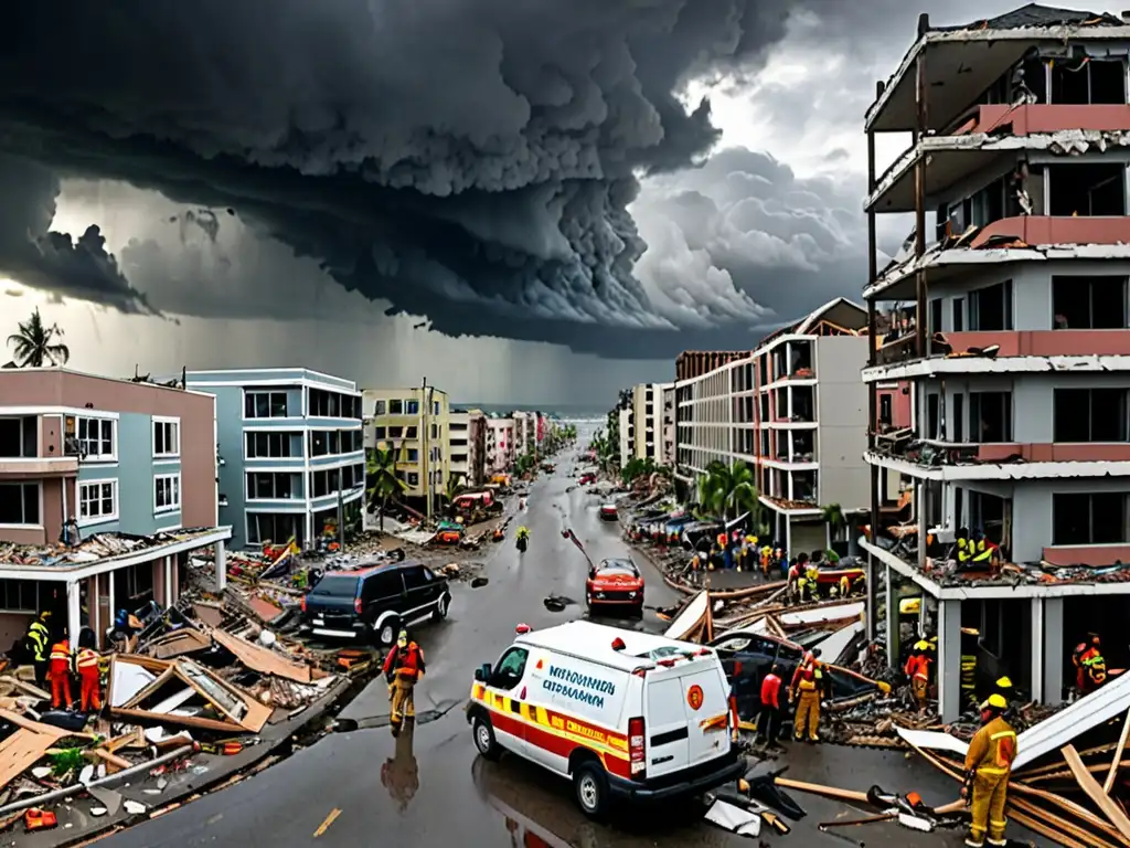 Devastación en ciudad costera por desastre natural, con escombros, rescates y un cielo amenazante