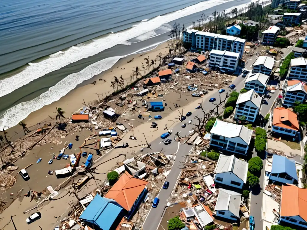 Devastación por tsunami en ciudad costera, escombros, rescate y legislaciones ambientales desastres naturales