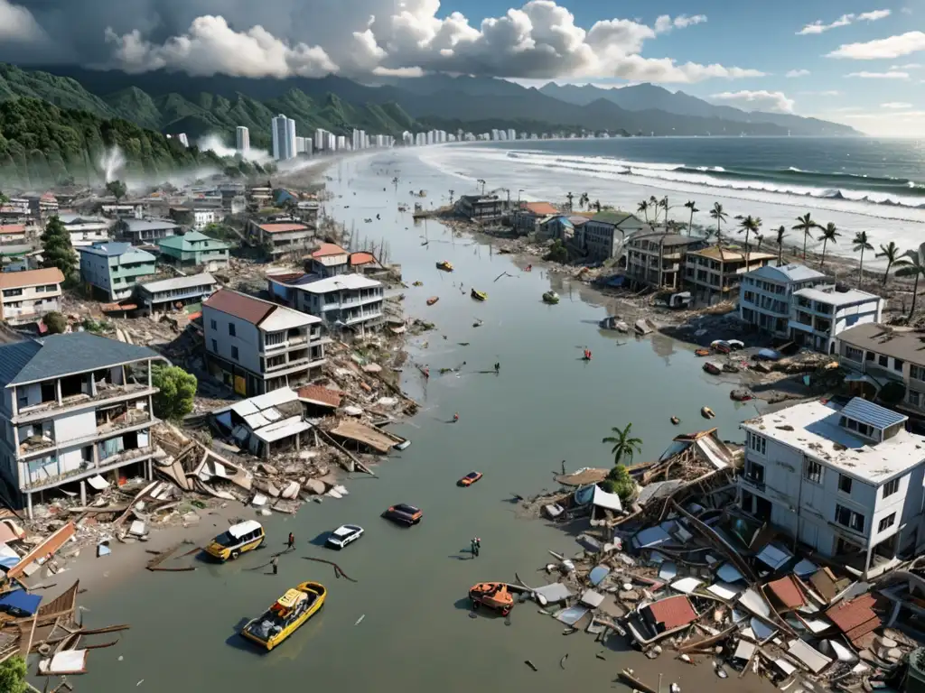 Devastación de tsunami en ciudad costera resaltando la necesidad de legislaciones ambientales frente a desastres naturales