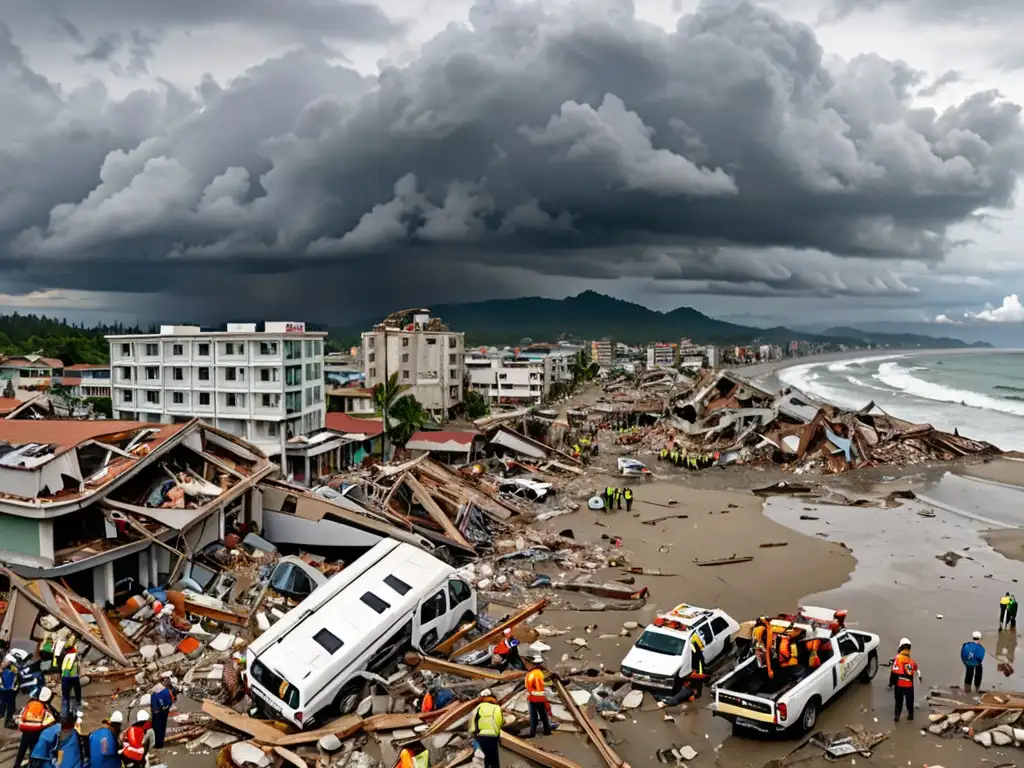 Devastación por tsunami en ciudad costera con rescate y escombros, ilustrando la urgencia de legislaciones ambientales desastres naturales