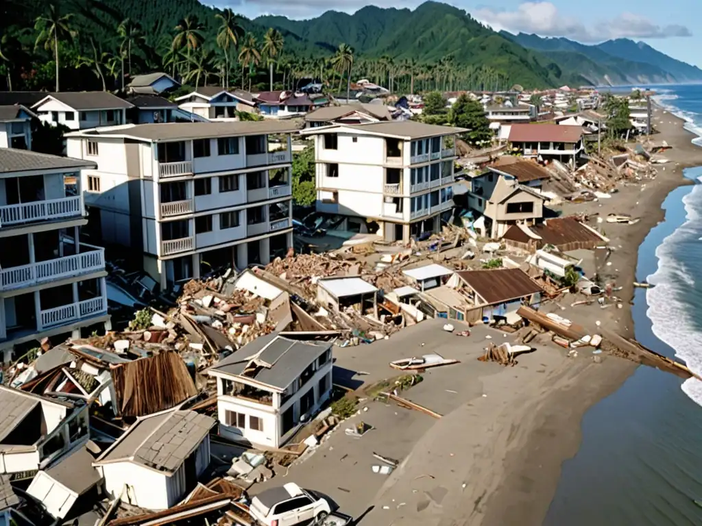 Devastación en ciudad costera tras tsunami, con edificios derrumbados y escombros