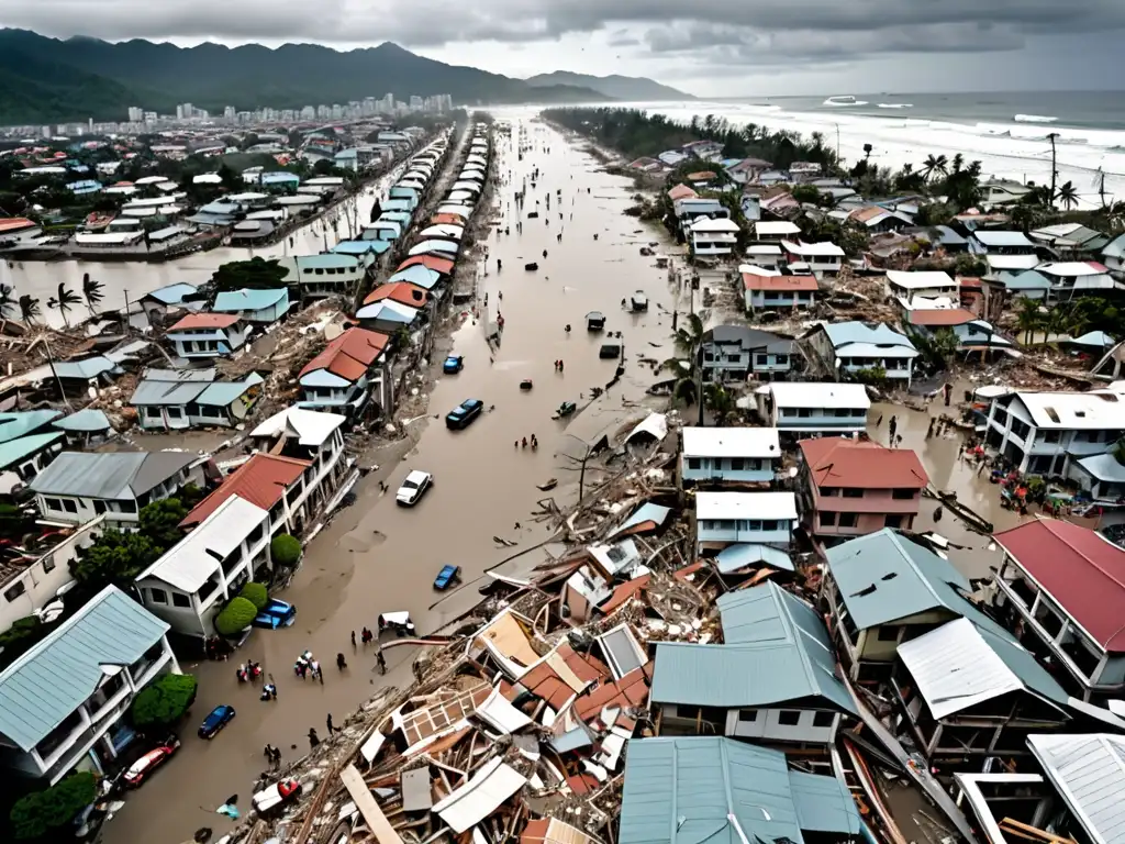 Devastación de ciudad costera por tsunami, con edificios derrumbados y escombros