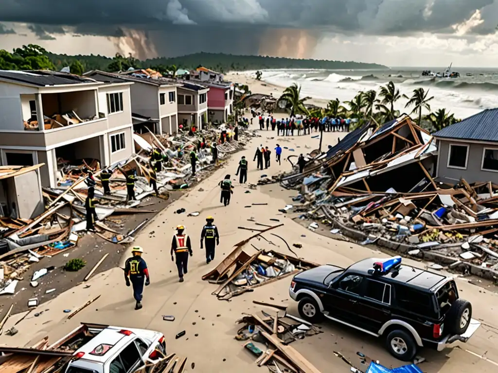 Devastación en comunidad costera tras desastre natural, impacto en derechos humanos y ambiente, ayuda humanitaria y prevención de desastres