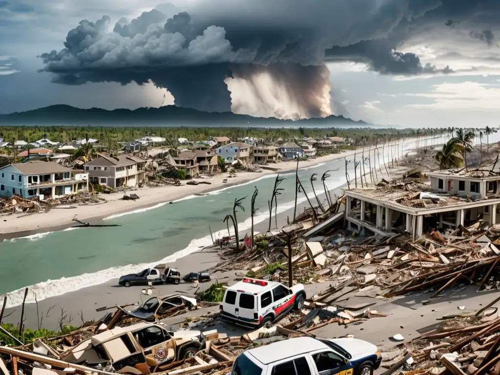 Devastación costera tras desastre natural, con edificios destruidos, escombros y equipos de emergencia