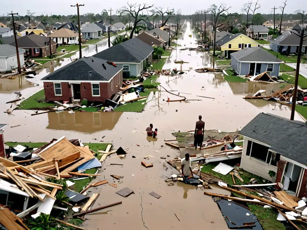 Devastación tras huracán Katrina, impacto desastres naturales derechos humanos