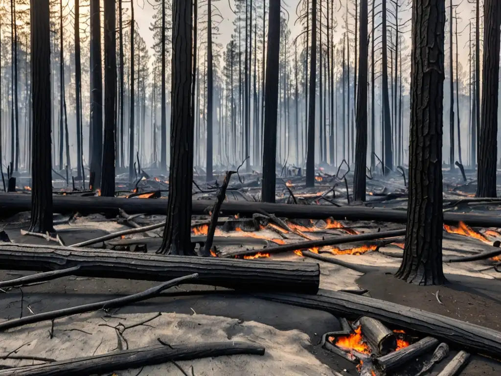 Devastación del incendio forestal: árboles carbonizados y tierra cenicienta Devastación por incendio forestal con troncos carbonizados y suelo ceniciento