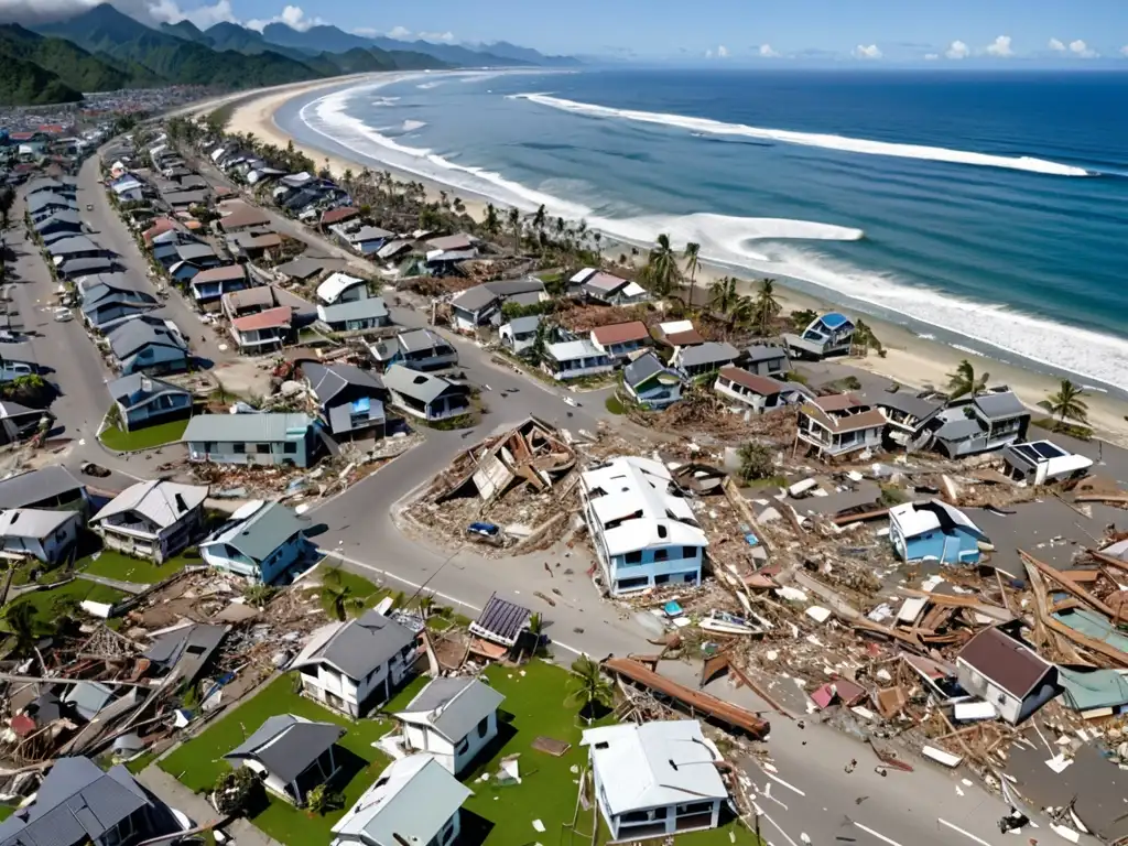 Devastación de tsunami en pueblo costero, escombros esparcidos y océano al fondo