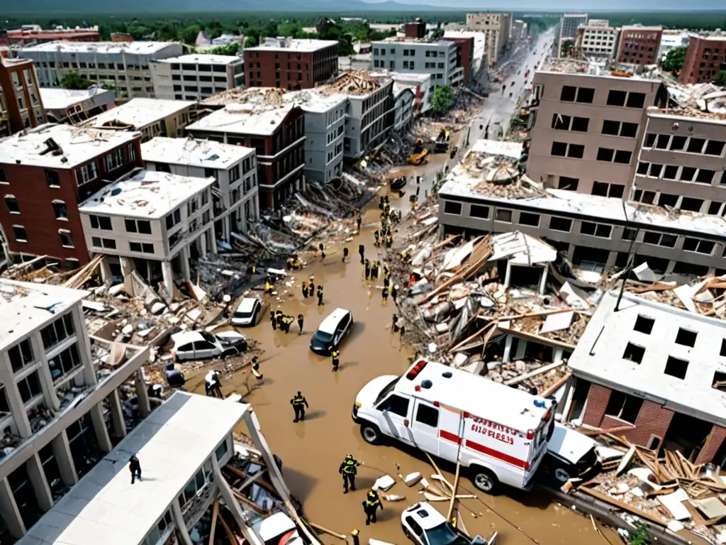 Devastación urbana tras desastre natural, muestra edificios colapsados, escombros, equipos de emergencia y supervivientes