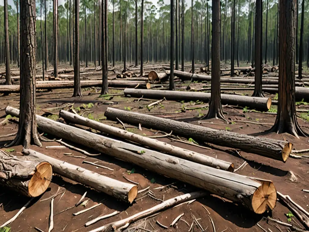 Devastador paisaje de bosque deforestado, con troncos caídos y ausencia de vida