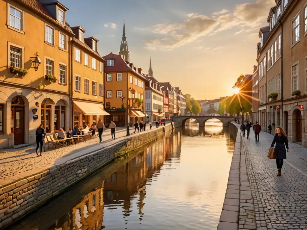 Directiva Ruido Ambiental Europa Silenciosa: Una ciudad europea pintoresca, con calles empedradas, arquitectura histórica y un río tranquilo