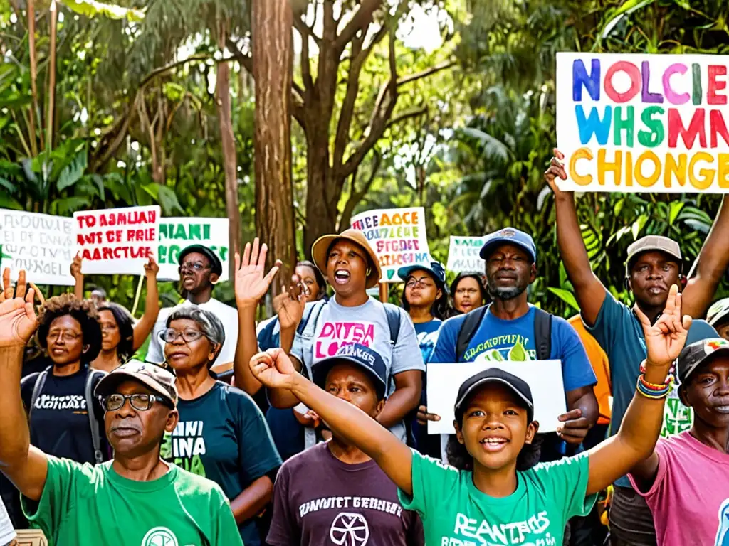 Diversa comunidad local participa en protesta ambiental con pancartas coloridas en un entorno natural