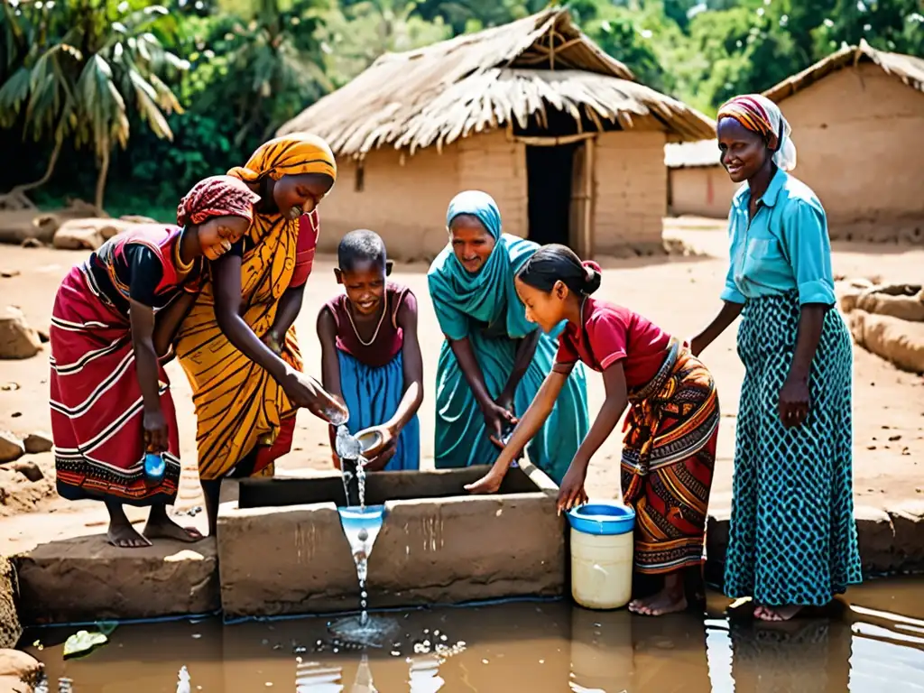 Diversidad cultural reunida alrededor de una fuente de agua, resalta la importancia del acceso al agua potable