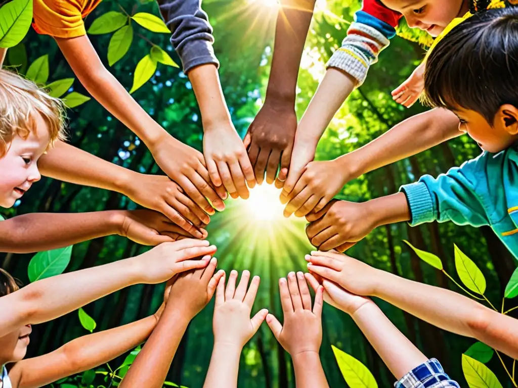 Diversidad étnica: niños unidos en un círculo en el bosque, transmitiendo esperanza y determinación