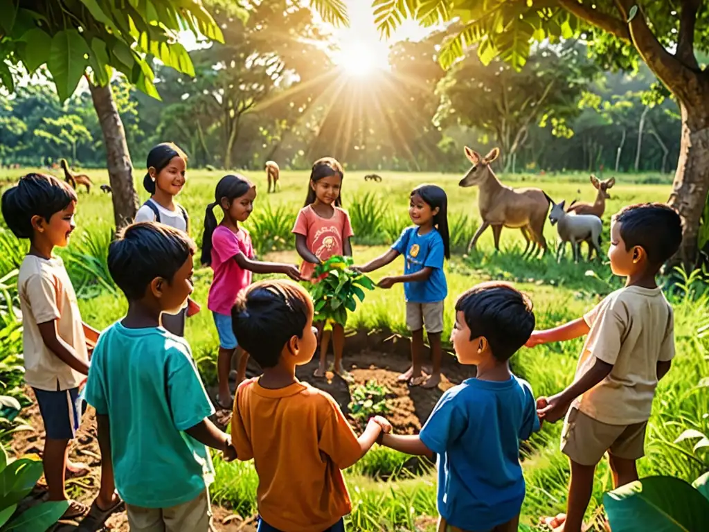 Diversidad de niños y adultos cuidando la naturaleza al atardecer, promoviendo los derechos de los niños en crisis ecológica