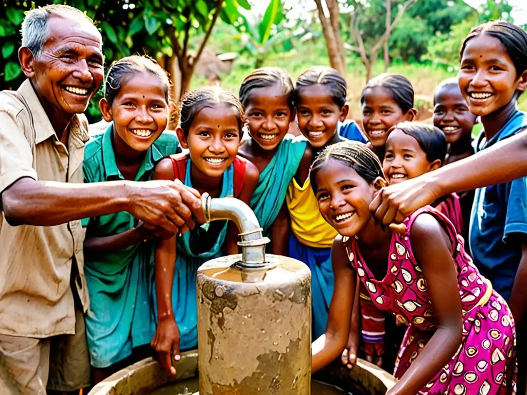 Diverso grupo de personas de distintas edades y etnias recogiendo agua limpia con expresiones de alegría y gratitud