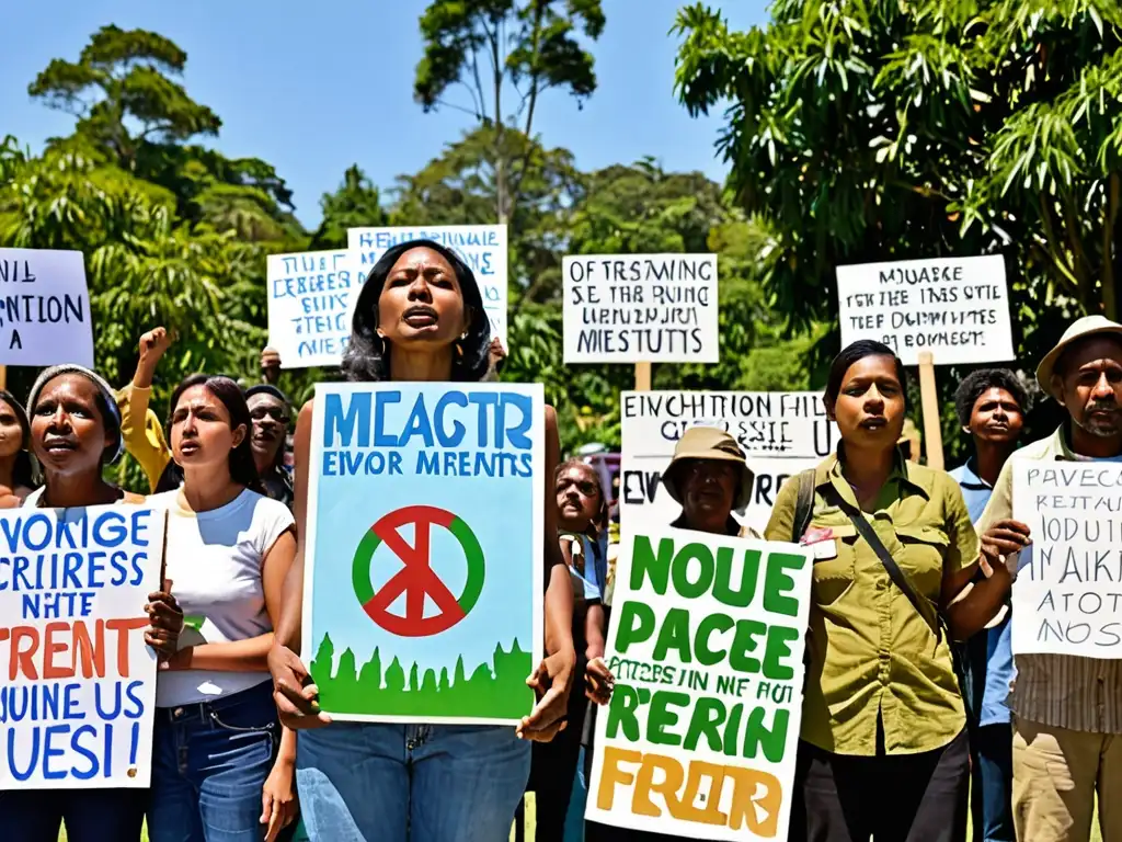 Diverso grupo en protesta pacífica por conflictos ambientales y derechos humanos frente a un edificio gubernamental, rodeados de naturaleza exuberante y cielos despejados